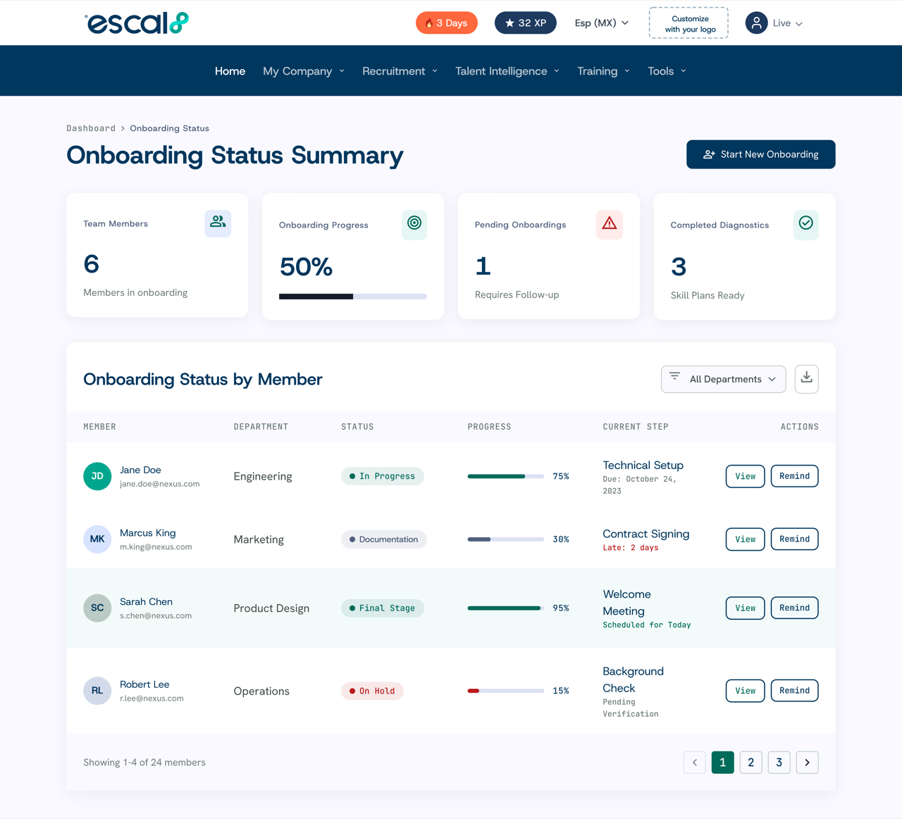Guided onboarding flow with a checklist in the Escal8 platform
