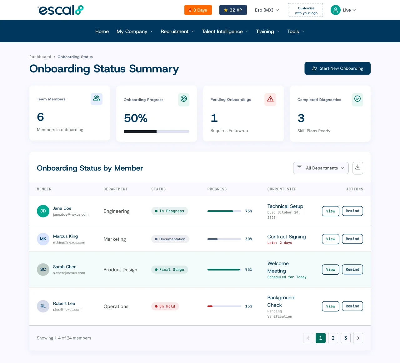Guided onboarding flow with a checklist in the Escal8 platform