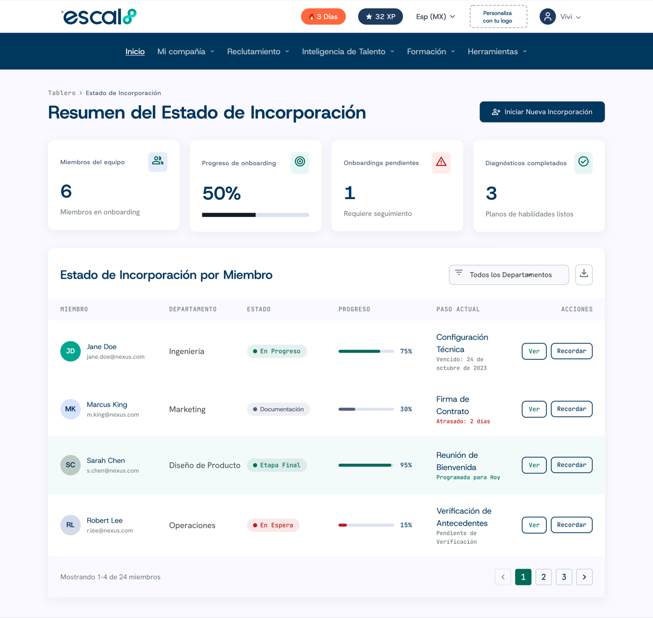 Flujo de onboarding guiado con checklist en la plataforma Escal8