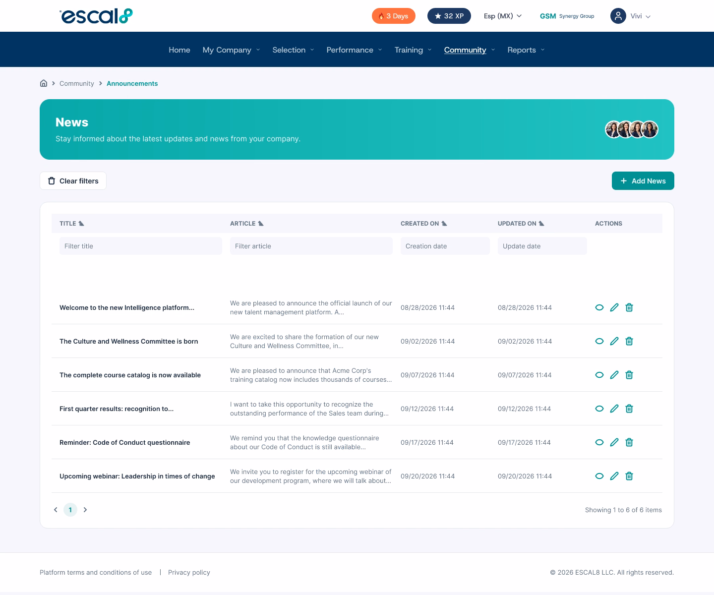 Announcements published in Escal8's internal communication platform, with their creation and update dates
