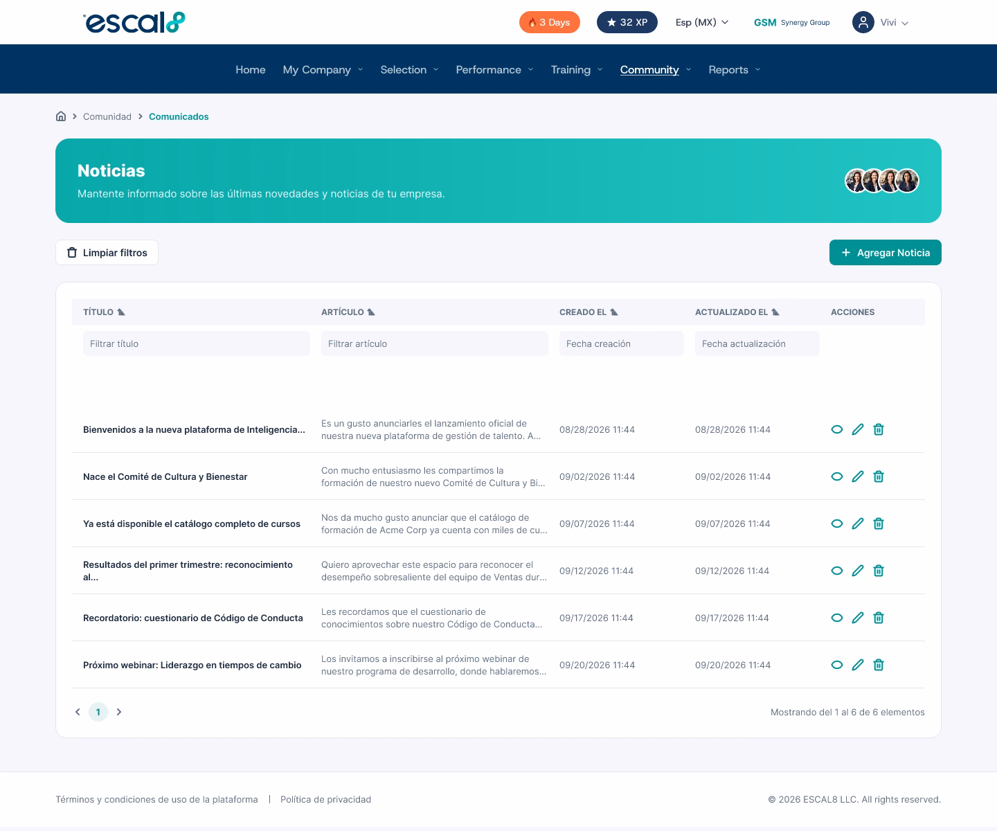 Comunicados publicados en la plataforma de comunicación interna de Escal8, con su fecha de creación y de actualización