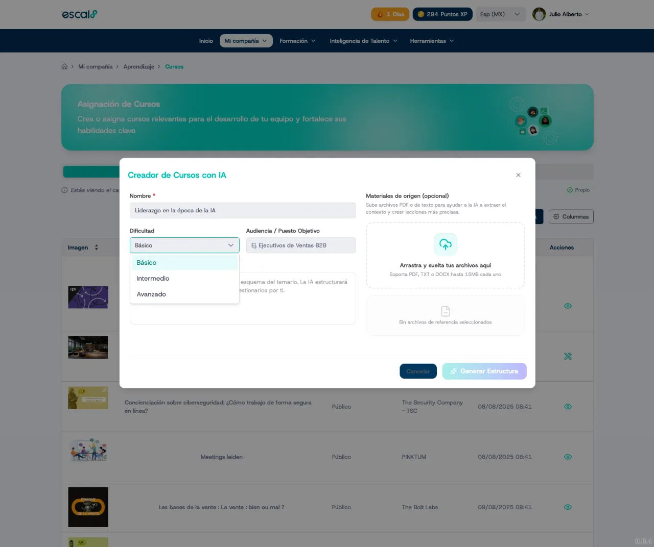 Creador de cursos con IA en Escal8: nombre, dificultad, audiencia y materiales de origen