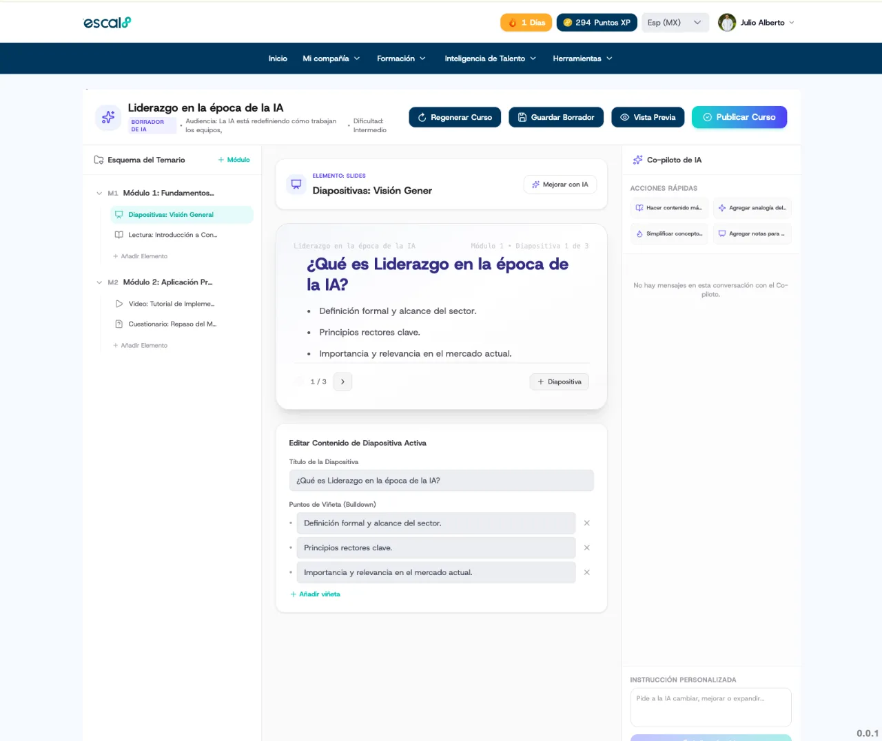 Editor de curso en Escal8 con el temario a la izquierda y el copiloto de IA a la derecha