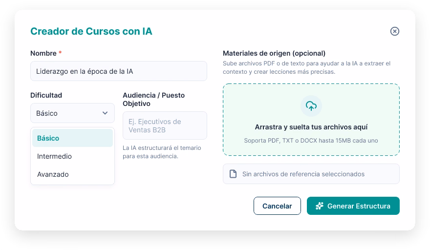 Creador de cursos con IA de Escal8, con el nombre del curso, la dificultad, la audiencia y los materiales de origen