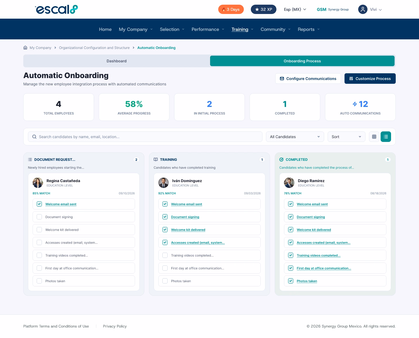 Escal8 onboarding software board with people sorted by stage and each one's checklist