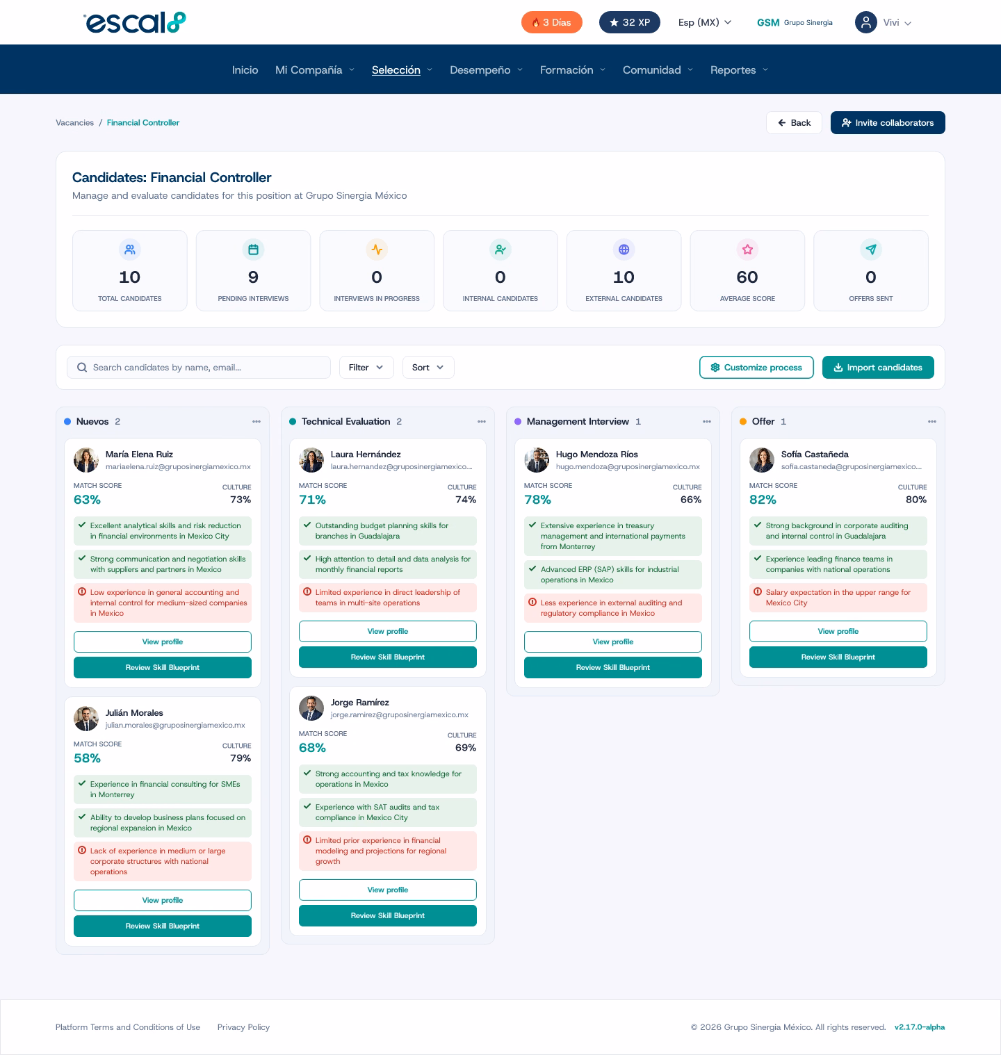 Candidate kanban in Escal8, each one with their match score, strengths, and flags