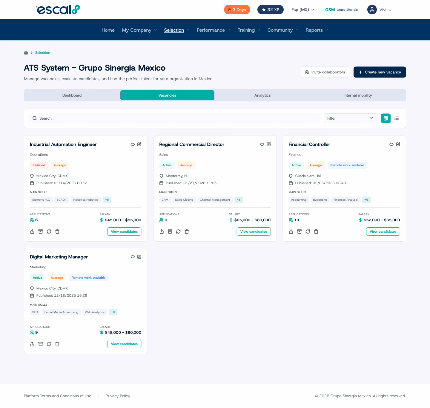 List of openings in the Escal8 ATS, each with its area, city, key skills, and salary range